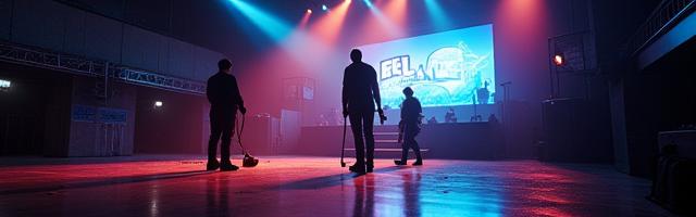 Post-event scene with a cleaning crew efficiently tidying up, showing event cleanup service.